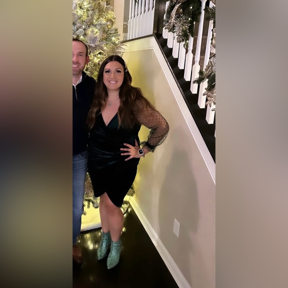 V Neck Long Sheer Sleeve Velvet Faux Wrap Dress